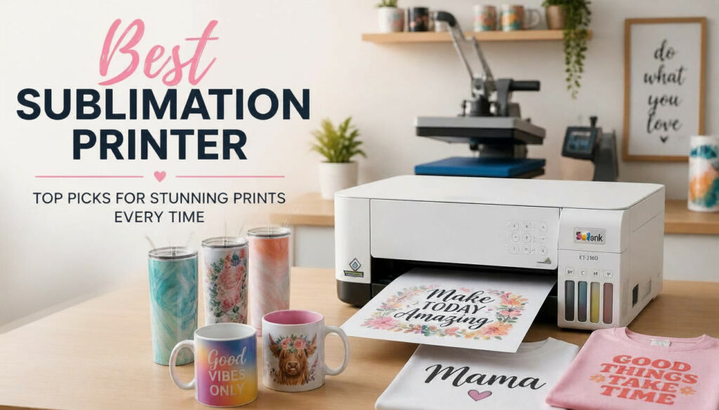 Best sublimation printer comparison featuring Epson EcoTank and Sawgrass printers in a crafting workspace