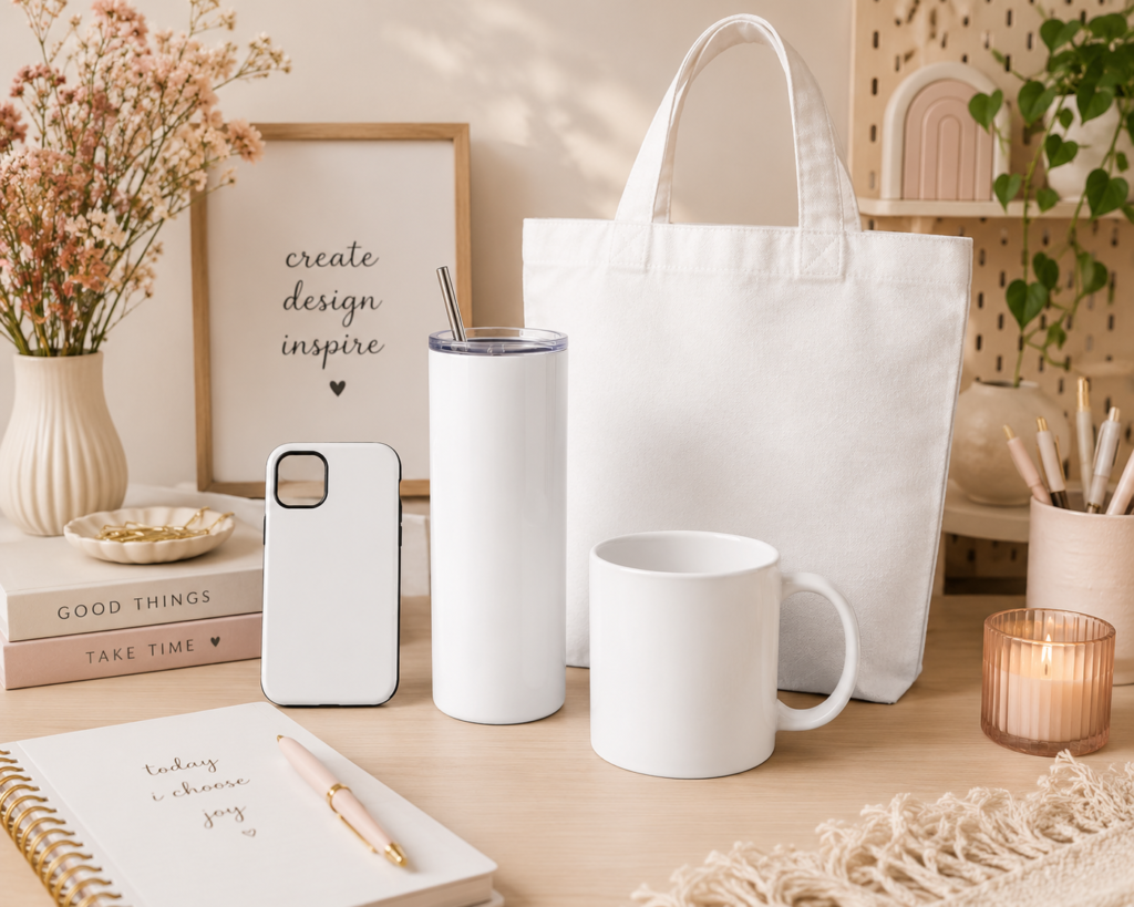 Sublimation blanks: tote bag, phone case, tumbler and mug.
