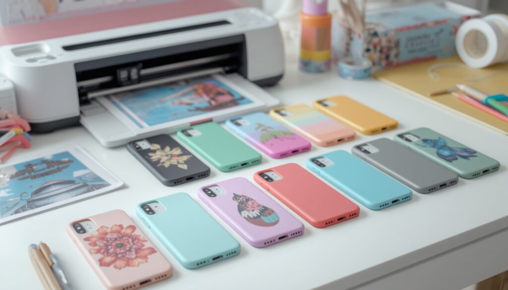 sublimation blanks phone cases arranged on a bright craft desk, sublimation printer in the background,